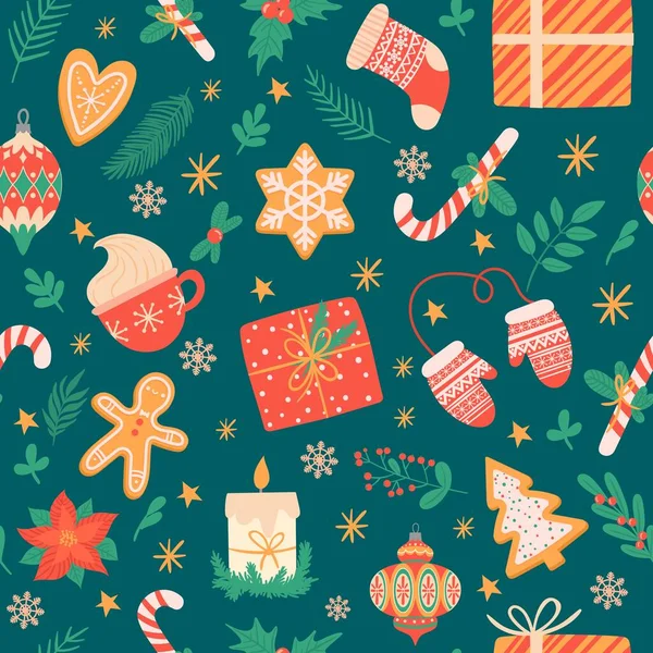 Kerstmis naadloos patroon. Traditionele kerstattributen, kerstboom speelgoed, peperkoek, cadeautjes voor kaarten en inpakvector textuur — Stockvector