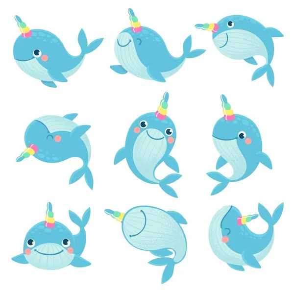 Velrybí jednorožec. Roztomilý mořští obyvatelé barevné rozkošné velryby jednorožci, legrační zvířata děti anime stvoření, kreslené vektorové postavy — Stockový vektor