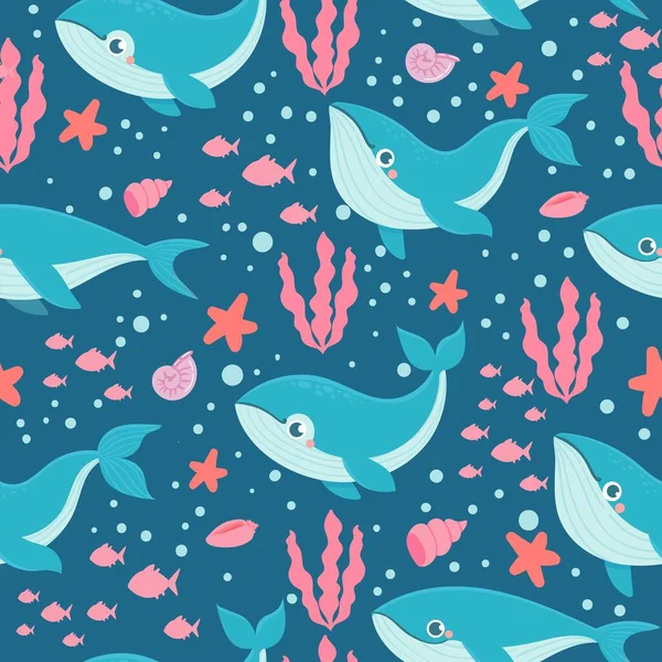 Valar sömlösa mönster. Roliga havsdjur glad späckhuggare, blå val, barn nautiska tyg tryck, undervattens pojke tapet vektor konsistens — Stock vektor