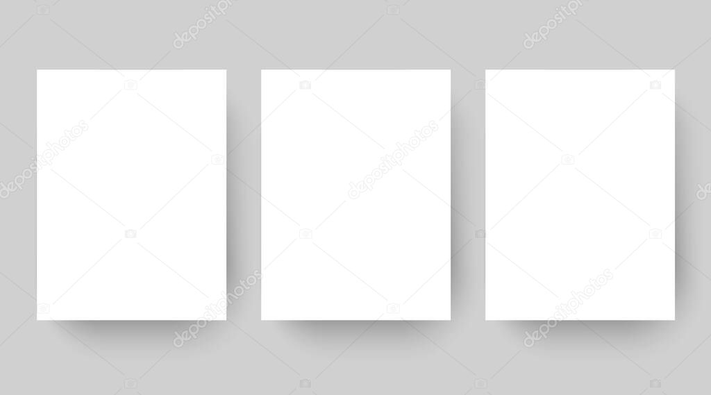 Empty affiche mockup copy. Blank white paper sheet template set isolated on grey. Poster with drop shadows