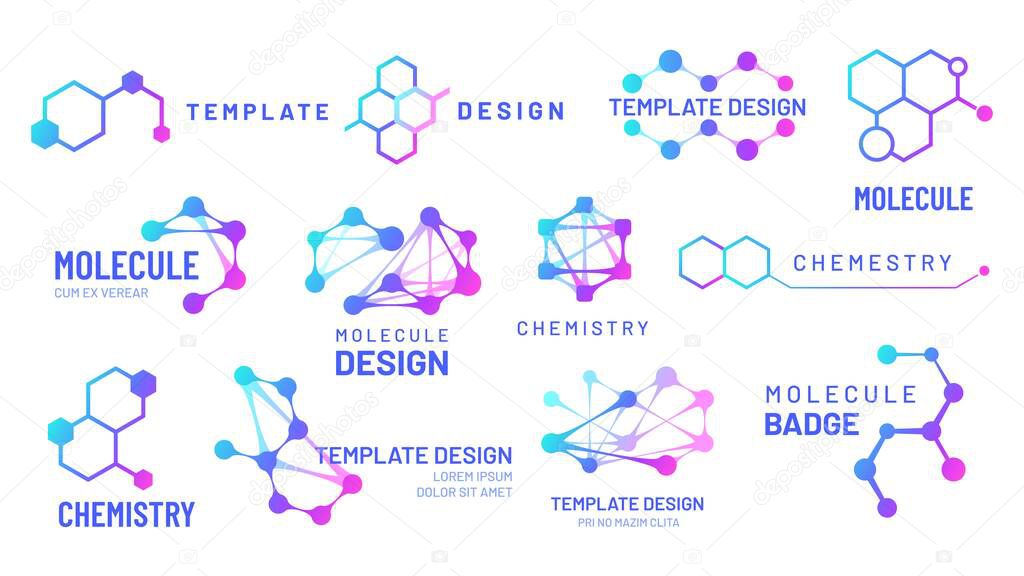 Molecule logos. Chemistry and science logotype with hexagonal structure and molecular grids templates. Biological model, dna molecule connection isolated on white vector illustration