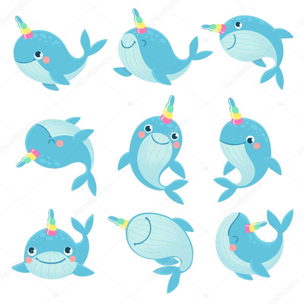 Whale unicorn. Cute marine inhabitants colorful adorable whales unicorns, funny animals childrens anime creatures, cartoon vector characters