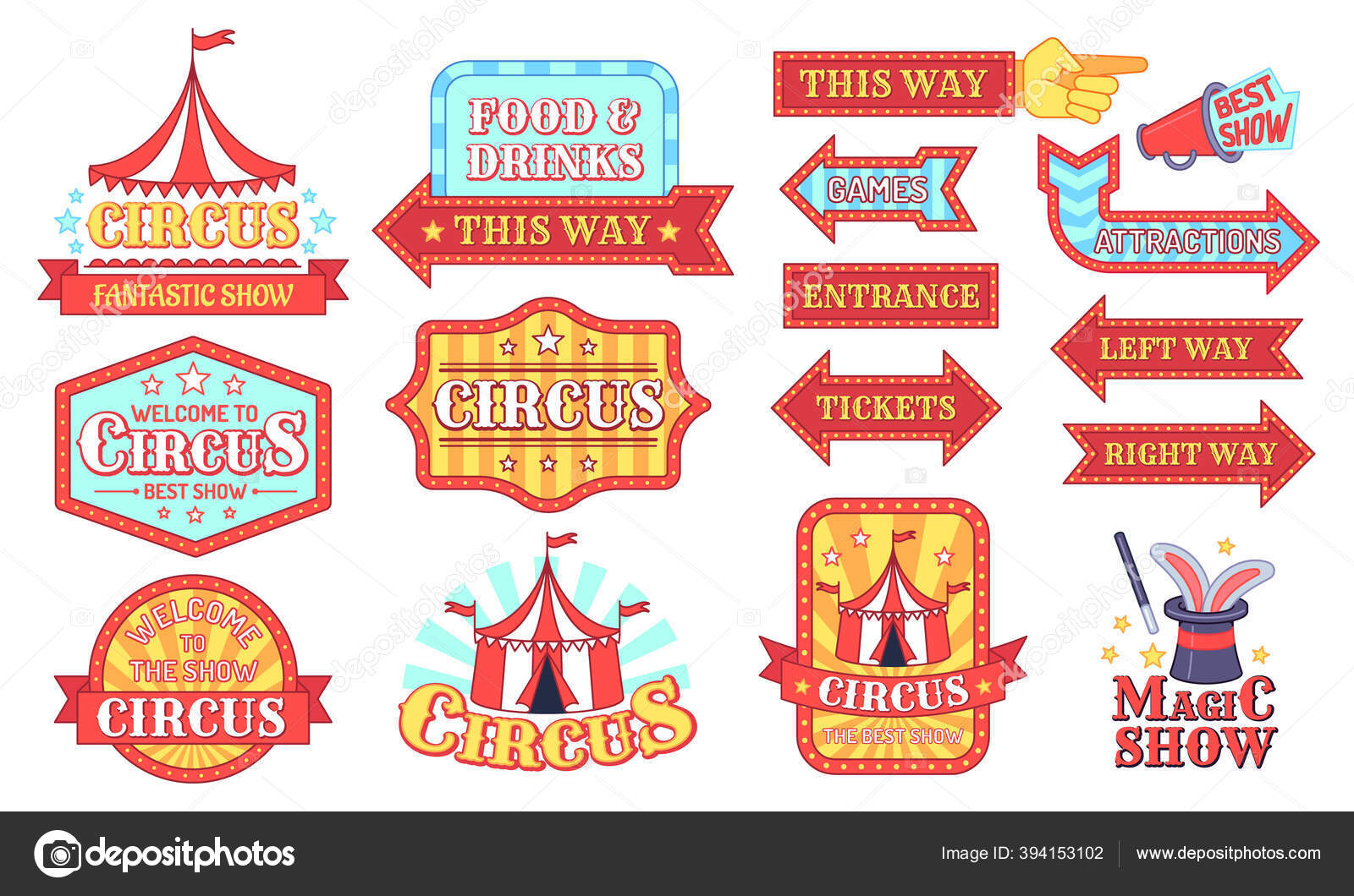 Circus labels. Carnival and circus show invitation badges, entertainment  festival signboard with text, events vintage tag cartoon vector set Stock  Vector Image by ©.com #394153102