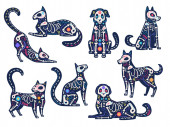 Tagestiere. Dia de los muertos, Schädel von Katzen und Hunden, mit Blumen verzierte Skelette, traditionelle mexikanische lateinische Feiertagsvektorsymbole