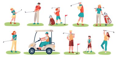 Golf oyuncuları karakterleri. Erkekler, kadınlar ve çocuklar yeşil çimenlerde golf oynuyorlar, golf sopaları ve ekipmanlarıyla golfçüler, spor etkinliği vektörü seti
