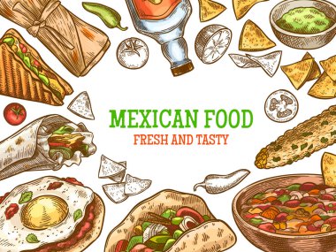 Meksika yemeği. El yapımı geleneksel Meksika tekilası ve yemekler, burrito, taco ve nachos, enchilada vintage çizim vektör geçmişi