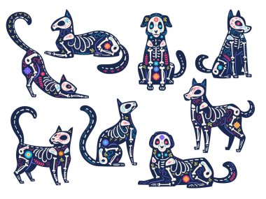 Gündüz hayvanları. Dia de los muertos, kediler ve köpekler kafatasları, çiçeklerle süslenmiş iskeletler, geleneksel Meksika Latin tatil vektör sembolleri