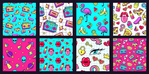 Seamless 90s pattern. Retro 80s pop fashion patterns with funky doodle stickers. Lips, music tape and pink flamingo vector illustration set — Stock Vector