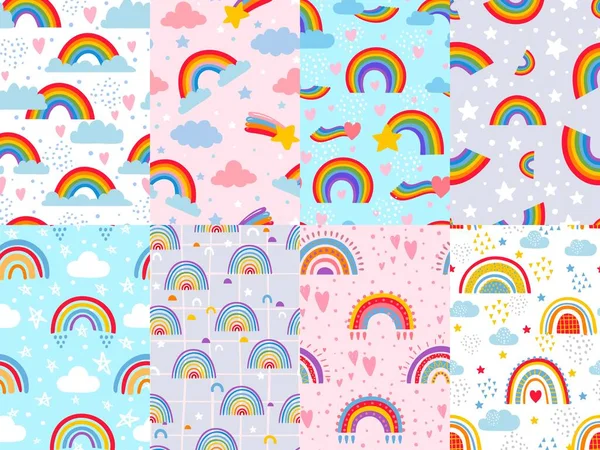 Modèle arc-en-ciel sans couture. Étoiles, nuages et arcs-en-ciel dans le ciel, décor d'arc coloré décor vectoriel jeu d'illustration — Image vectorielle