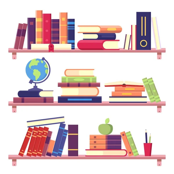书架上堆放着成堆的书籍和其他物品，如活页夹、地球仪、苹果和铅笔。墙上的家庭图书馆 — 图库矢量图片