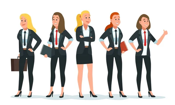 Equipa de mulheres de negócios. Trabalhadoras de escritório ou colegas de grupo em vestuário formal com caderno e pasta —  Vetores de Stock