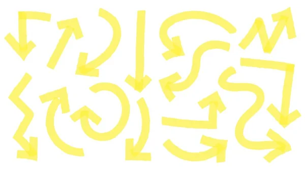 Setas iluminadoras amarelas desenhadas à mão, ponteiros em direções diferentes. Cabeças e linhas de setas encaracoladas e onduladas —  Vetores de Stock