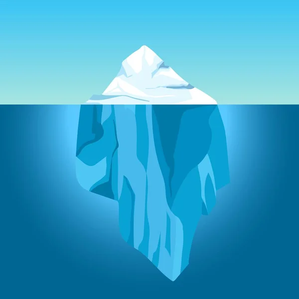 Cartoon iceberg in water. Big iceberg floating in ocean with underwater part. Clear water with ice mountain, global warming vector concept — Stock Vector