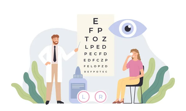 Oftalmólogo revisando la visión. Prueba de salud ocular, diagnóstico oftalmológico y oftalmólogos profesionales en capas blancas ilustración vectorial — Archivo Imágenes Vectoriales