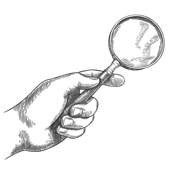 Rytá ruka držící lupu. Retro ručně kreslený detektivní lupa, vyhledávací náčrt a starožitné loupe vektorové ilustrace — Stockový vektor