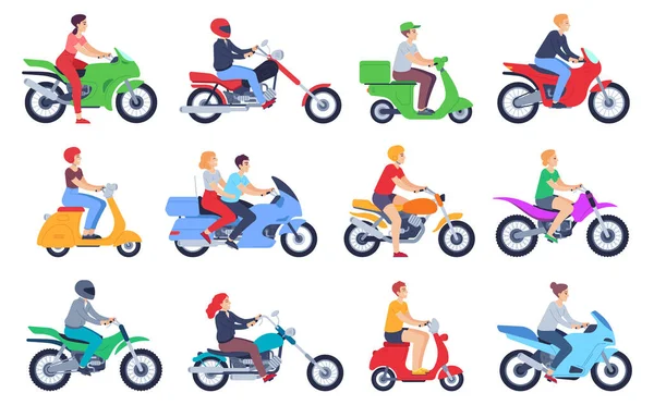 Motociclistas. Homens e mulheres motoristas de capacete em moto ciclomotor. Correio rápido da comida da entrega, família no jogo do vetor dos desenhos animados da scooter —  Vetores de Stock