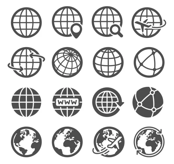 Иконки земного шара. Карта мира сферическая планета, географический контур континента, мировая орбита глобального коммуникационного туризма логотип векторные символы — стоковый вектор