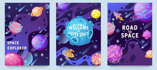 Fantasía planetas niños carteles. Objetos cósmicos multicolores, diseño de mundo de galaxia espacial para folleto, revista, cartel o conjunto de vectores de portada de libro — Vector de stock