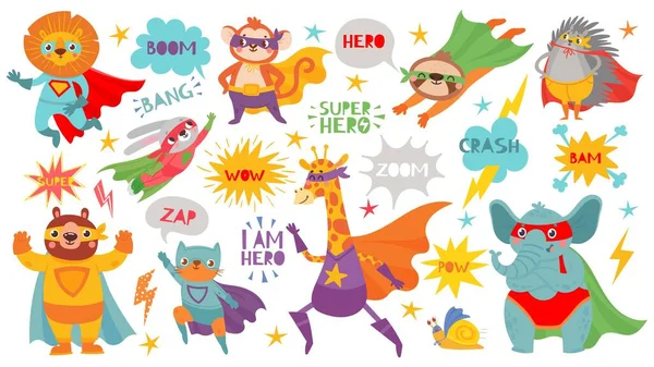 Superhjältar. Söta hjältar djur med capes och lekfulla masker, modiga roliga djur komiska tal bubblor, tecknad vektor tecken — Stock vektor