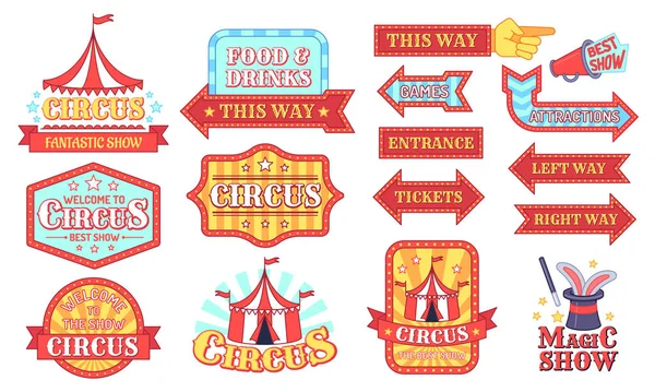 Etiquetas de circo. Insignias de invitación de espectáculo de carnaval y circo, letrero del festival de entretenimiento con texto, conjunto de vectores de dibujos animados etiqueta vintage eventos — Vector de stock