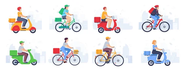 Scooter entregue. O mensageiro de homem de capacete em bicicleta transporta encomendas, fast food. Produto de entrega com ciclomotor em conjunto de vetores de paisagem urbana —  Vetores de Stock