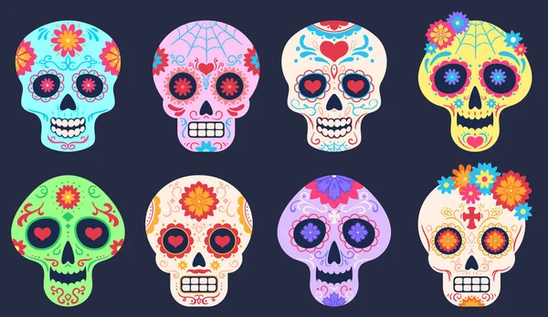Crânios de dia mortos. Dia de los muertos decoração com flores e crânios, padrão floral tatuagem, tradicional festival mexicano vetor conjunto — Vetor de Stock