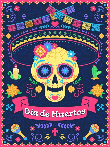 『 Dia de los muertos 』のポスター。死んだ日の休日,花と頭蓋骨,リボンとテキスト,伝統的なメキシコのラテンフェスティバル,ベクトルの背景 — ストックベクタ