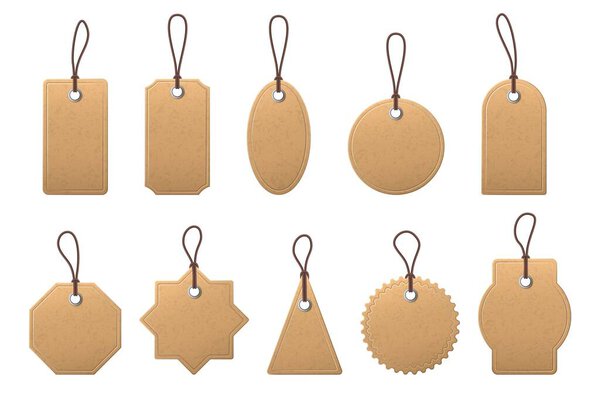 Craft paper price label. Blank shopping labels with rope, vintage paper brown tags for marking pricing, hanging tag realistic vector mockups
