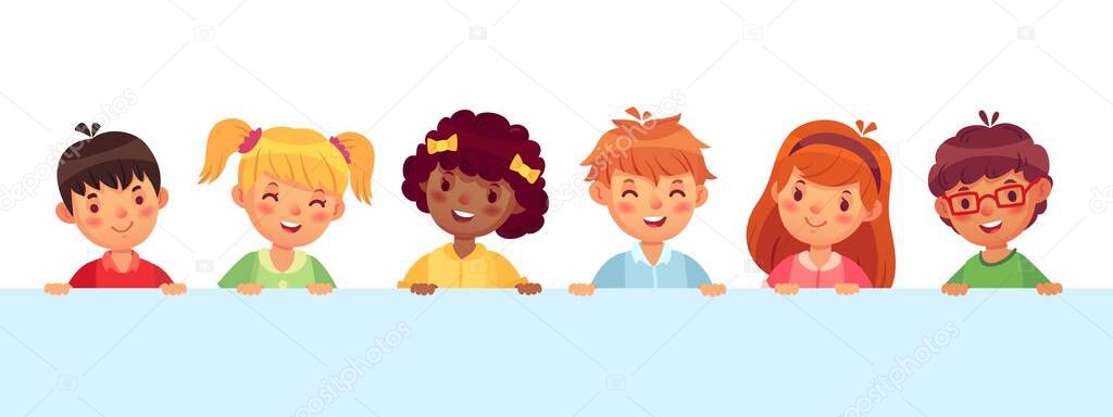 Children peeking out from wall, diverse cheerful kids laughing and smiling. Funny teenager characters