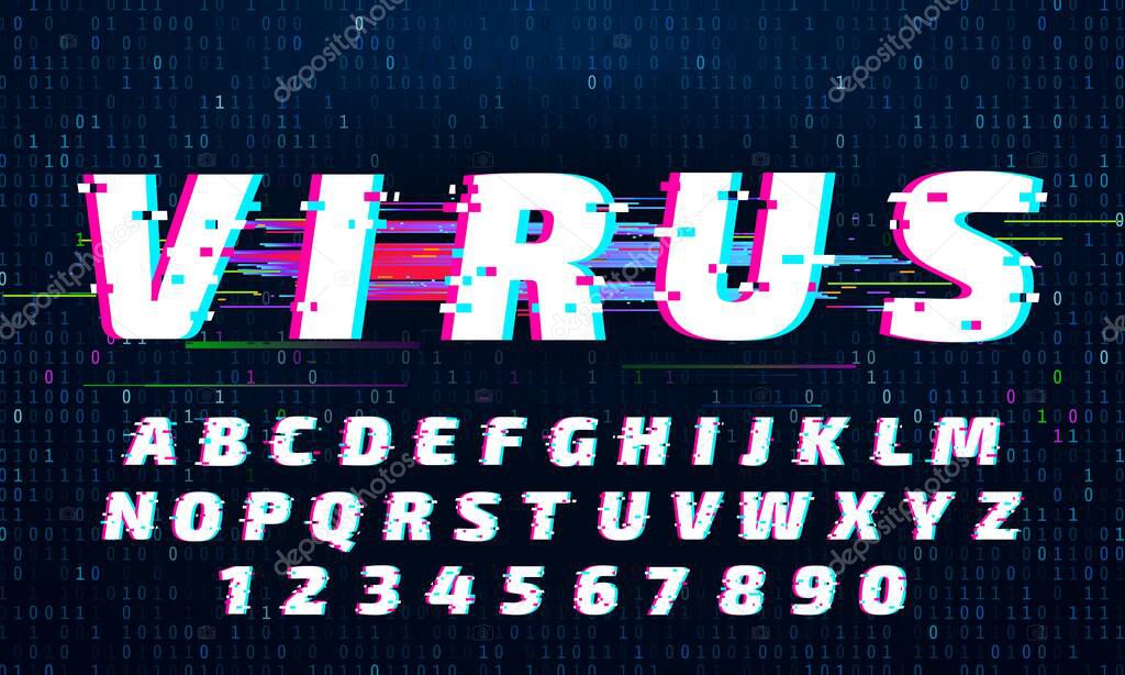 Glitch font. Letters and numbers with digital noise. Distorted alphabet typeset with tv signal glitches