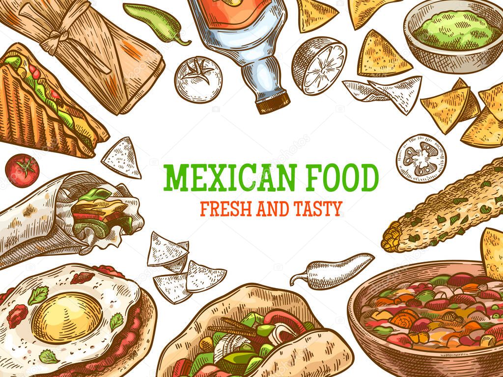 Mexican food. Hand drawn traditional mexican tequila and dishes, burrito, tacos and nachos, enchilada vintage sketch vector background