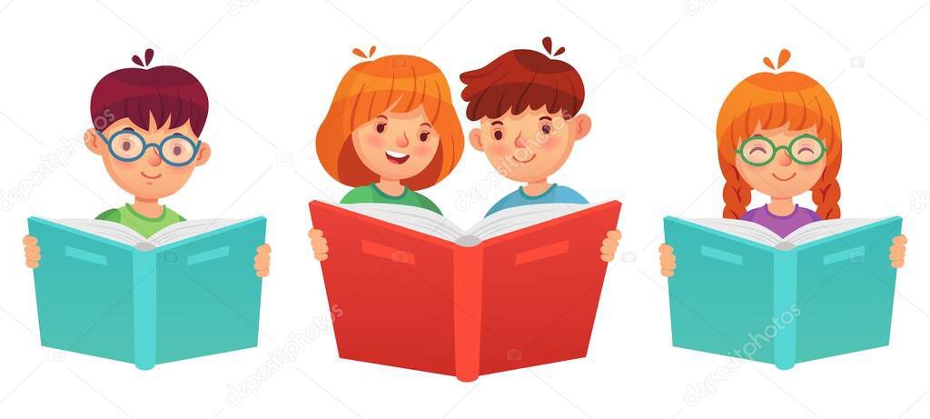 Kids reading book. Education boy girl illustration