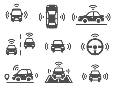 Sürücüsüz araba simgeleri. Özerk robotik araba, akıllı sürüş araçları, seyrüsefer mobil hatları yol, ekolojik teknoloji elektrikli otomatik vektör seti