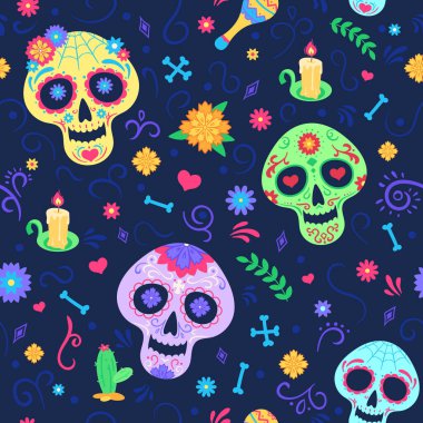 Dia de los muertos deseni. Ölü bayram sembolleri, kafatasları ve çiçekler, mum ve marakalar. Meksika partisi renksiz vektör dokusu