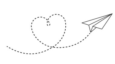 Kalp yolu olan kağıt uçak. Kalp şeklinde noktalı hava yolu ile uçmak, romantik ya da mesaj Sevgililer Günü kartı tasarımı