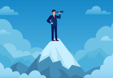 Business vision. Businessman on mountain peak with telescope looking new idea, business startup, visionary forecast, success vector concept clipart