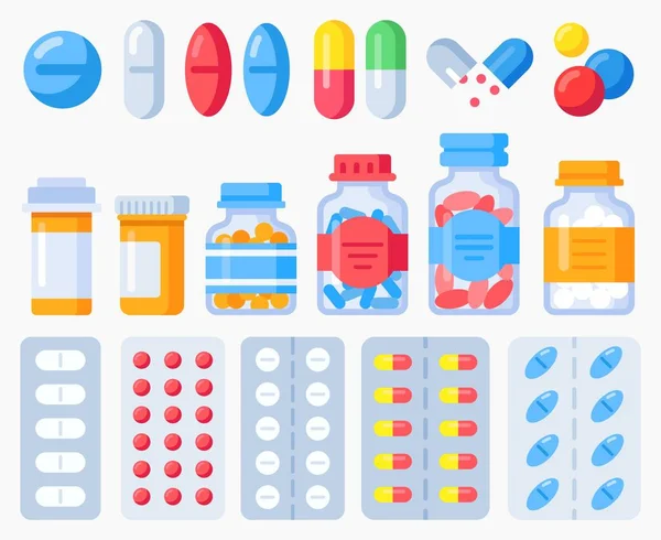 Pílulas farmacêuticas, frascos de medicamentos e comprimidos em blisters —  Vetores de Stock