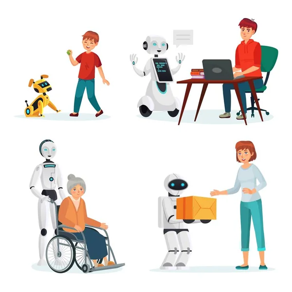 Robots interact with people in various situations — Stock Vector