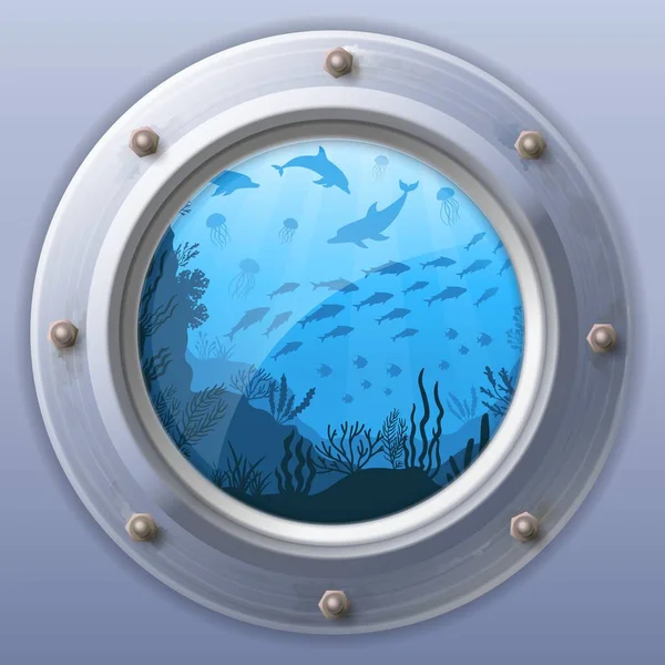 Submarine window view. Porthole round from underwater — Stock Vector