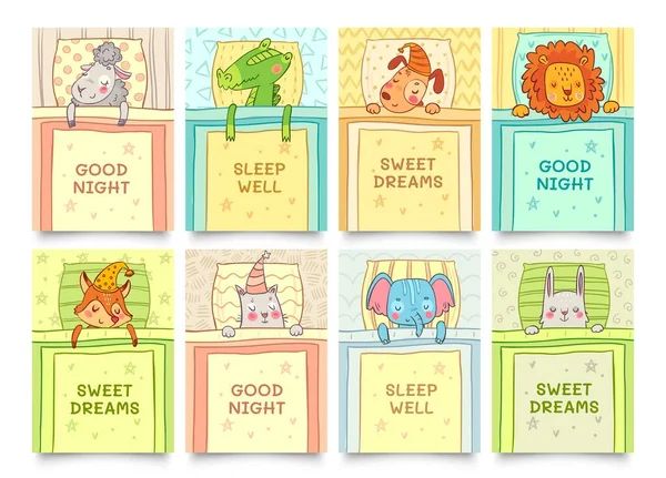 Słodkie karty snów ze śpiącymi zwierzętami — Wektor stockowy