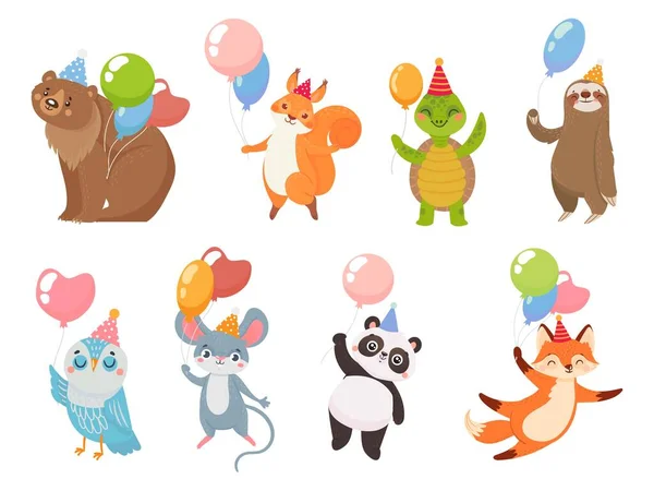 Animais com balões, festa de boas-vindas aniversário — Vetor de Stock