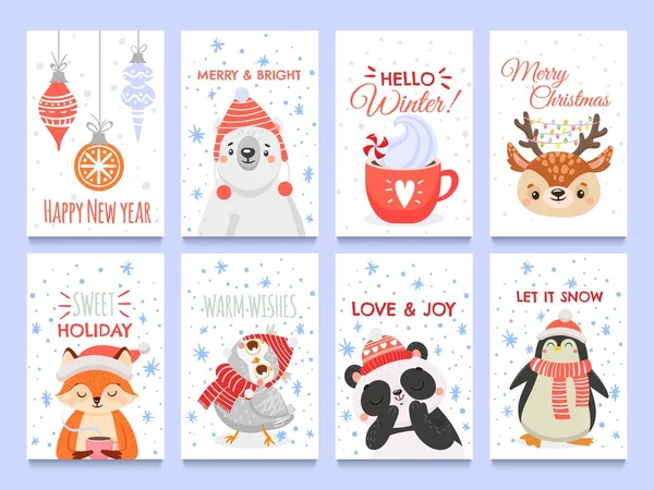 Animales lindos tarjetas de Navidad. Vector navidad vacaciones de invierno — Archivo Imágenes Vectoriales