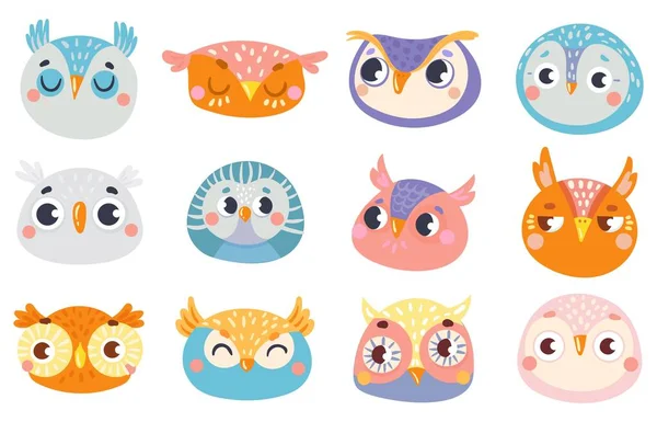 Cute owl faces. Set of face owl fun, drawing childish — Stock Vector