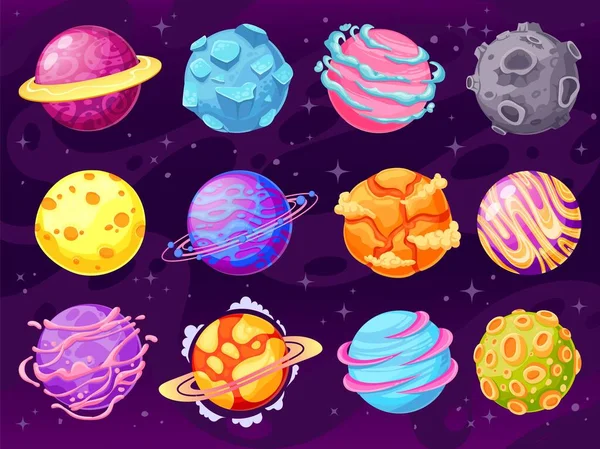 Planetas fantasiosos. Colorido planeta cósmico objetos para o design do jogo fantástico mundo galáxia, astronomia espaço universo cartoon vetor conjunto —  Vetores de Stock