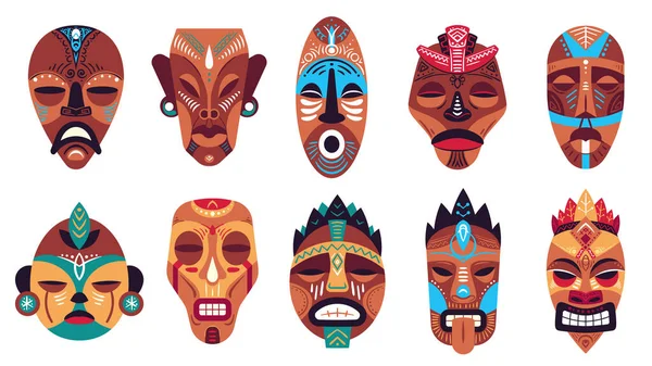 Maschera tribale. Totem hawaii a colori, maschere africane, hawaiane o azteche rituali o cerimoniali, set di simboli tradizionali in legno esotici — Vettoriale Stock