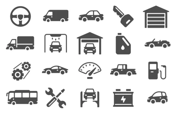 Auto-Symbole. Fahrzeugsilhouetten und Wartungssymbole. Ersatzteile, Autoreparatur und Autowäsche-Design für Web-, Mobil- und UI-Zeichen-Vektorset — Stockvektor