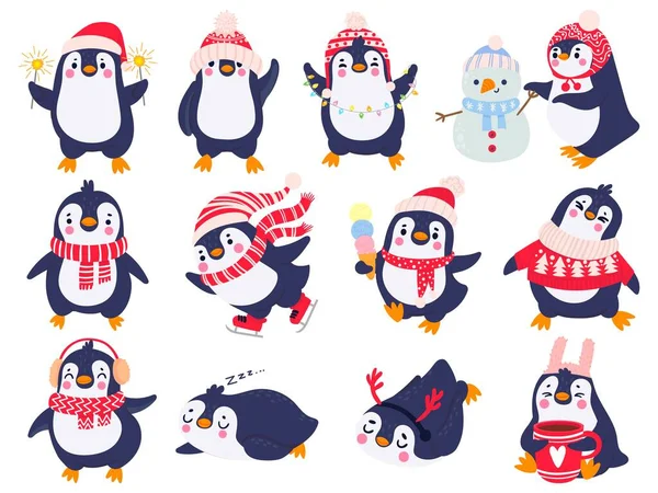 Pingüino. Pingüinos lindos dibujados a mano en ropa de invierno y sombrero, felices saludos navideños animales árticos en ropa exterior, conjunto de vectores de dibujos animados para niños — Archivo Imágenes Vectoriales