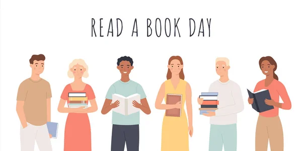 Olvass el egy könyvet. Emberek álló könyvek, fiatal férfiak és nők olvasni könyveket kulturális fesztivál világnap oktatás hobbi vektor koncepció — Stock Vector