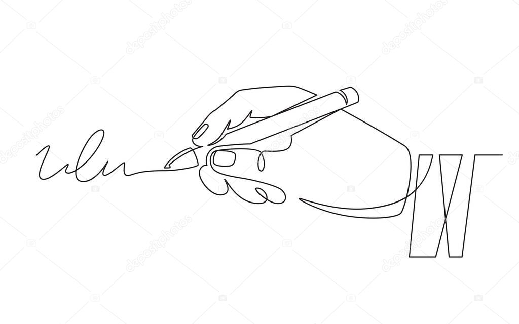 Signature and hand. Document signing, hand with pen signed contract. Person authentication, autograph, deal continuous line vector concept