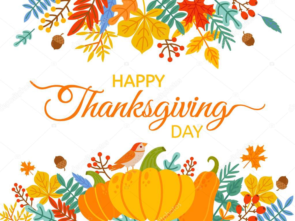 Thanksgiving Day. Hand drawn Happy Thanksgiving cover with lettering and holiday elements fall yellow leaves and berries vector background